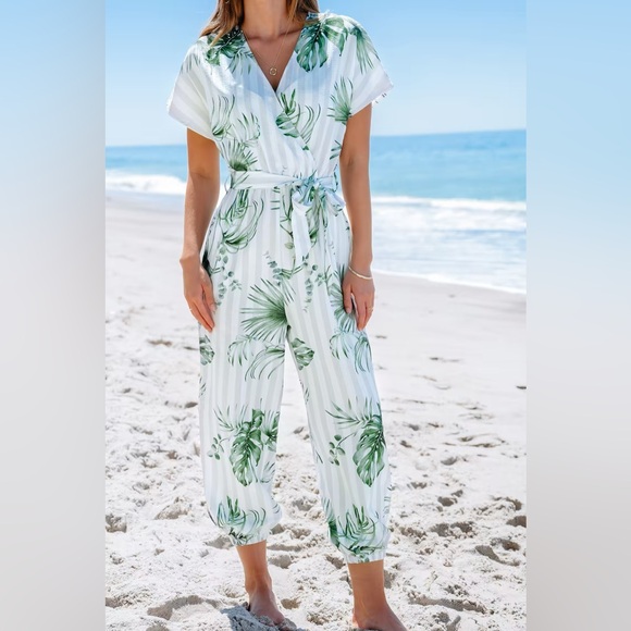 Cupshe Striped Leaf Print Jogger Jumpsuit - Picture 1 of 7